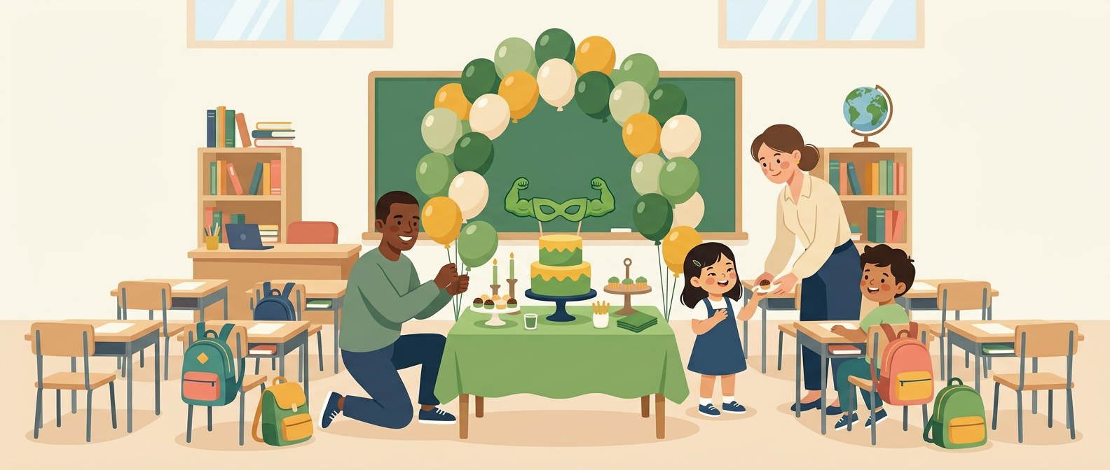 Festa na escola com tema de super-herói verde: mesa pequena decorada com bolo verde e balões, em uma sala de aula com crianças, mochilas e mesas de estudo, um pai negro arrumando os balões e uma professora entregando um docinho