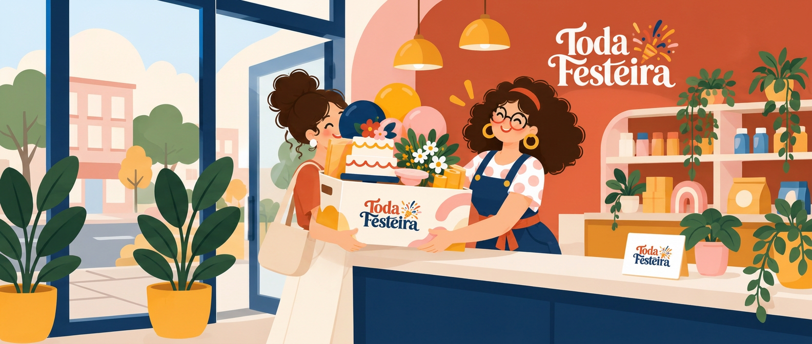 Retirada alegre na Toda Festeira: cliente recebendo uma caixa com peças para sua festa
